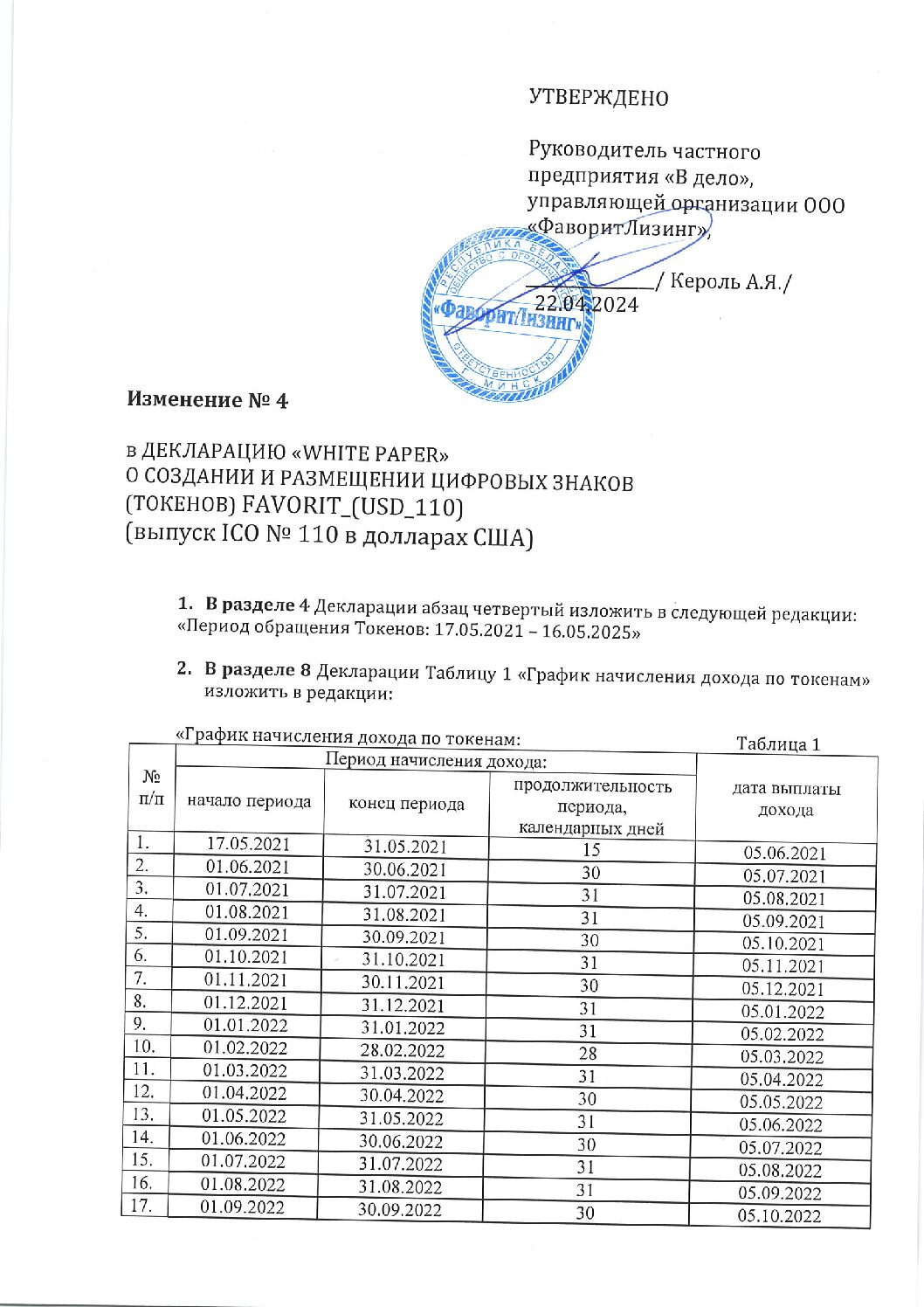 Изменения № 4 Декларации «White Paper» о создании и размещении цифровых знаков USD_110